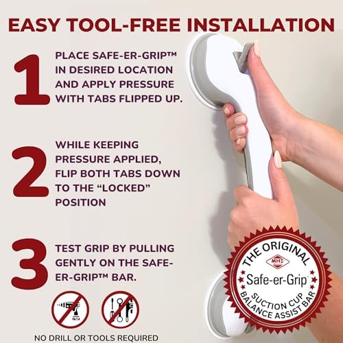 16 inch Suction Cup Grab Bars For Bathtubs & Showers; Safety Bathroom Assist Handle, White & Grey