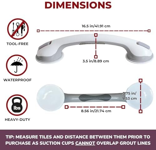 16 inch Suction Cup Grab Bars For Bathtubs & Showers; Safety Bathroom Assist Handle, White & Grey