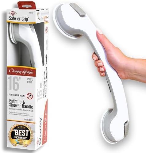 16 inch Suction Cup Grab Bars For Bathtubs & Showers; Safety Bathroom Assist Handle, White & Grey