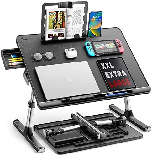 Laptop Bed Tray Desk, SAIJI X-Large Adjustable Laptop Table, Foldable Laptop Desk with Storage Drawer and Bookstand